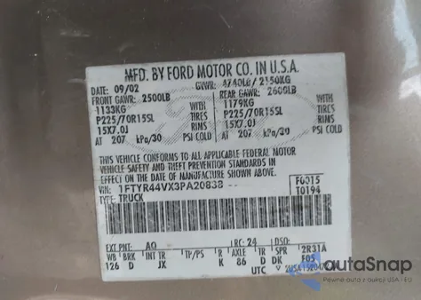 2003 Ford Ranger Edge/Tremor/Xlt from USA, damaged, VIN 1FTYR44VX3PA20838